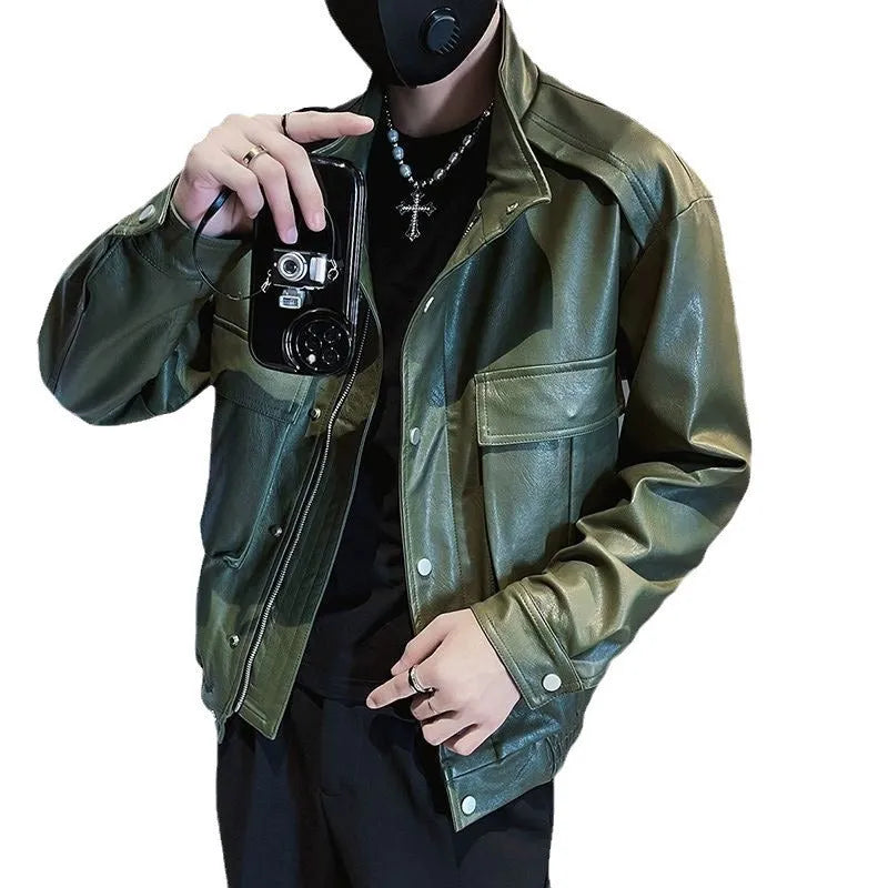 Men's black Korean style PU leather jacket with a straight hem, shown as spring and autumn outerwear.