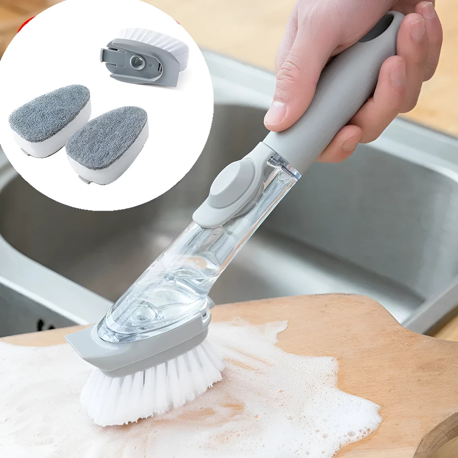 2 in 1 long handle cleaning brush with removable head and sponge for kitchen dishes