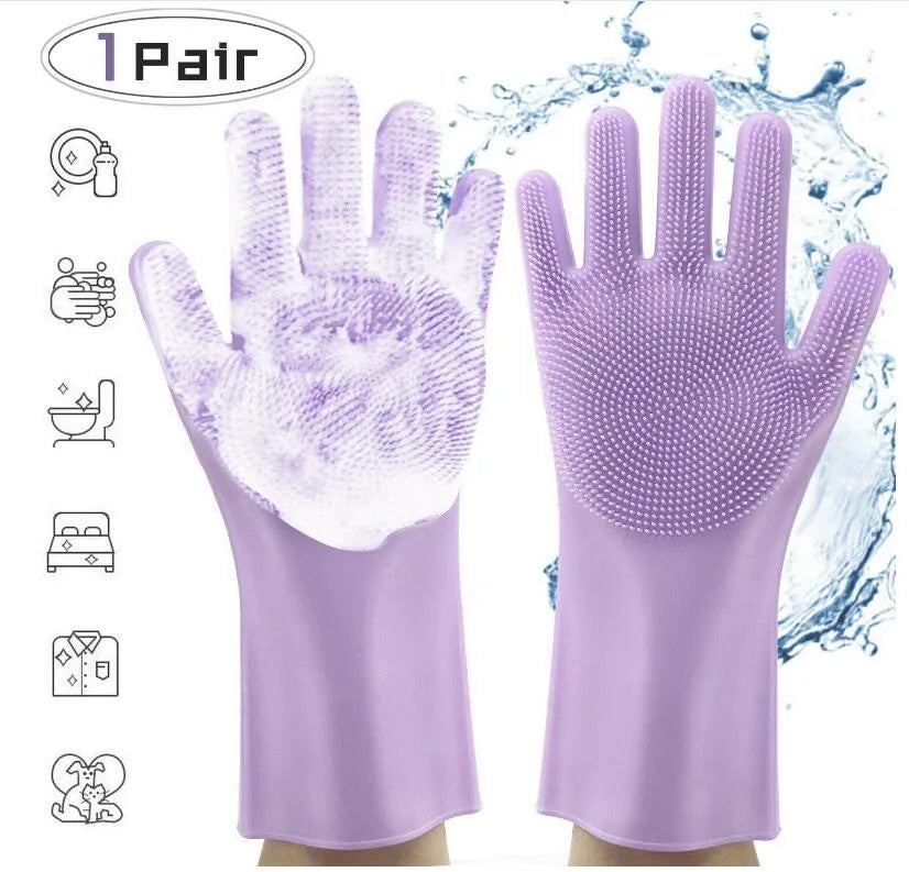 Blue silicone gloves with textured palm for scrubbing, shown on hands holding a pan.