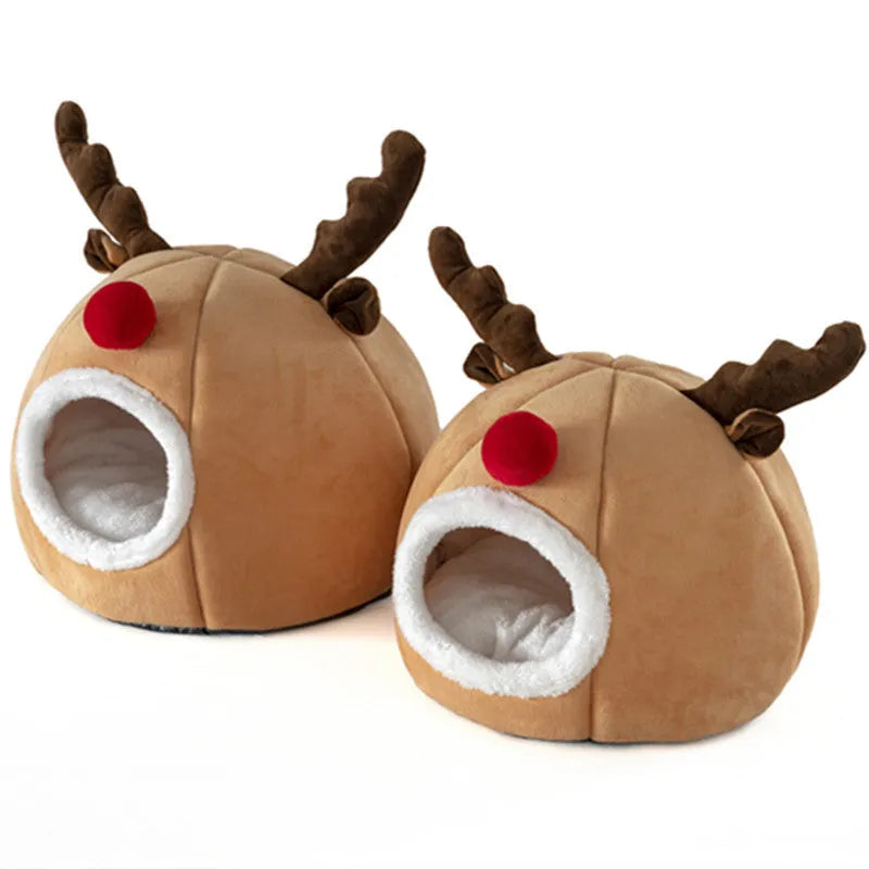 Camel colour reindeer pet tent kennel with soft plush exterior and fleece lining, small size