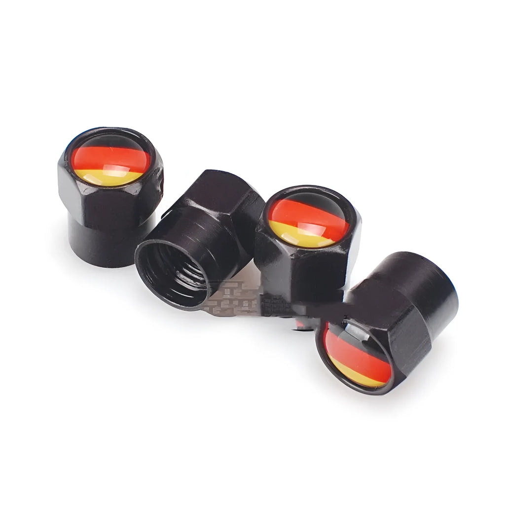 German flag valve cap black metal stainless steel 13mm by 9mm set of 4