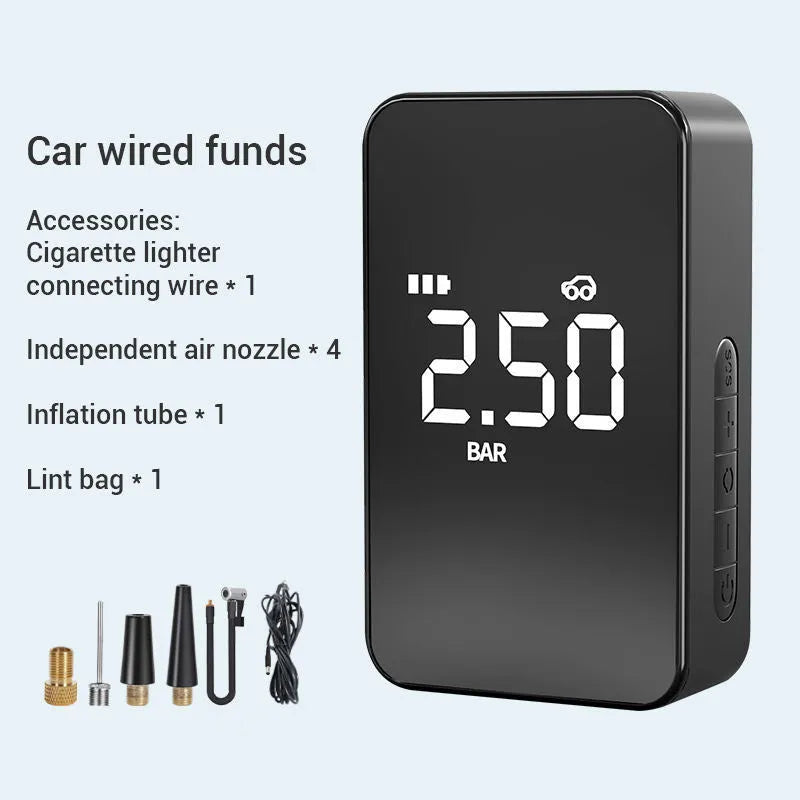 Black digital display wireless tyre inflator with LED light showing pressure reading on screen