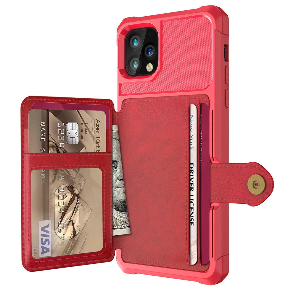 Imitation leather solid colour iPhone case with card wallet slot in black, blue, green, pink, or red.