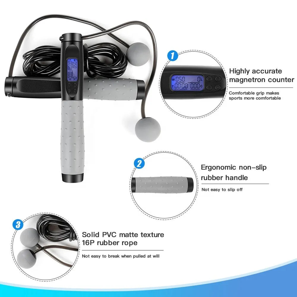 Smart electronic counting skipping rope with ABS TPE handle, 3m and 30cm PVC ropes, and 325mm rubber ball.