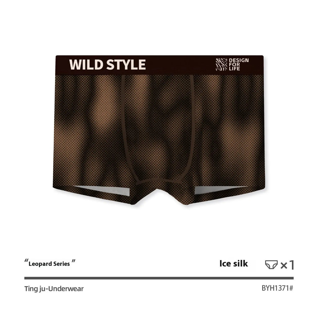 Men's leopard print polyester ice silk underwear showing mid waist design.