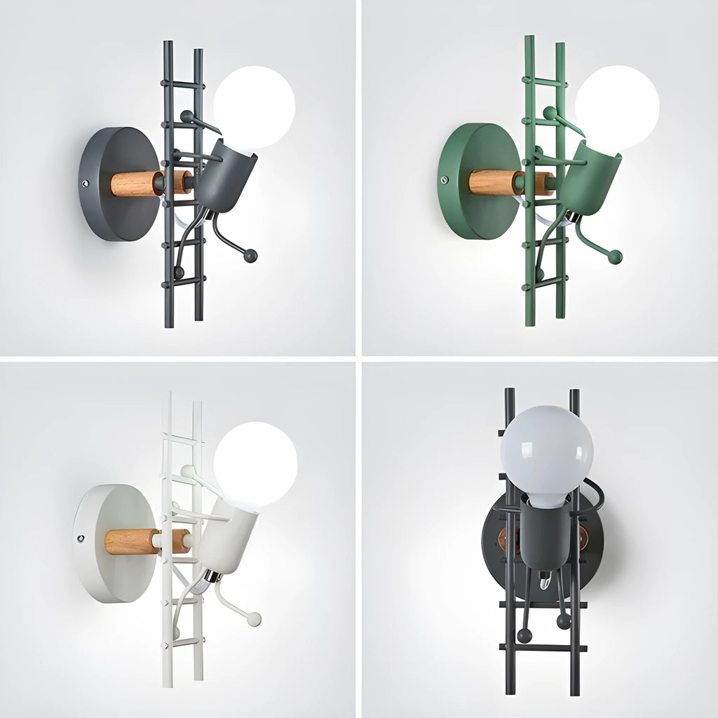 Retro LED wrought iron villain climbing stairs wall light, 170 x 120 mm, in black, green, grey, or white.