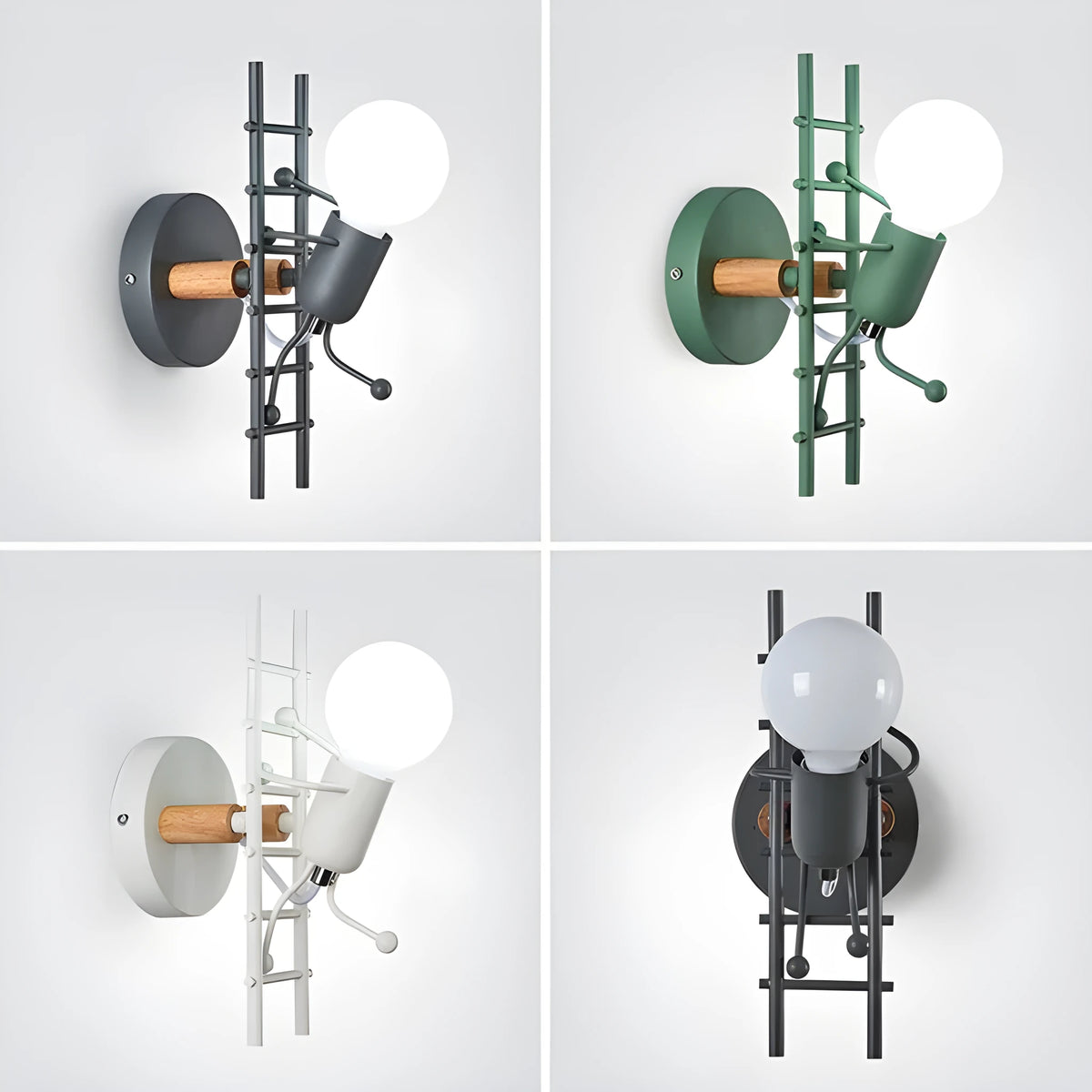 Retro LED wrought iron villain climbing stairs wall light, 170 x 120 mm, in black, green, grey, or white.