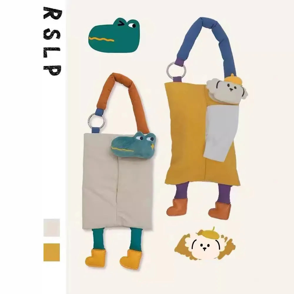 Soft plush hanging car tissue bag in baby crocodile design, showing dimensions of 25cm by 19cm.