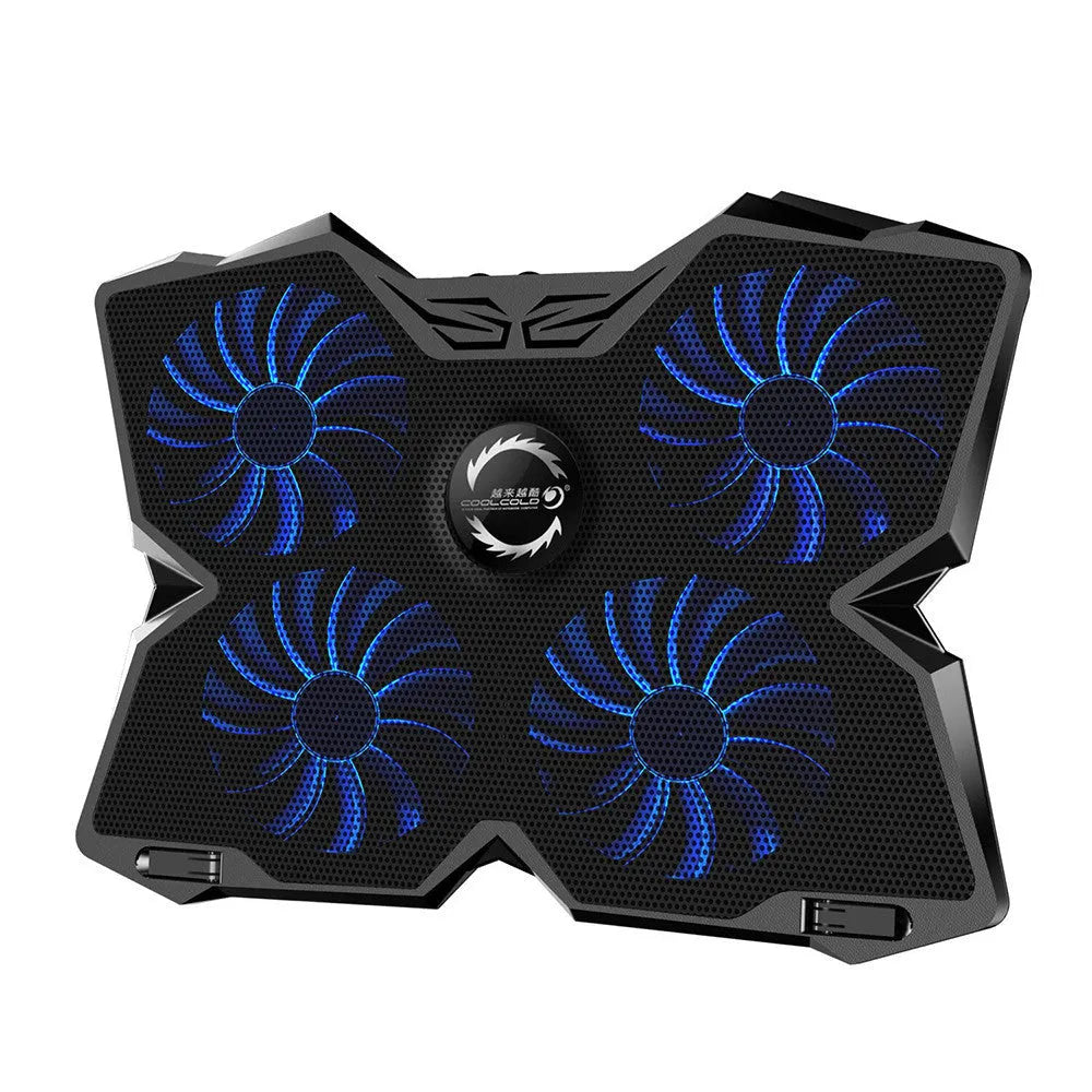 Blue LED desktop cooling base with four fans and USB ports for PC temperature control