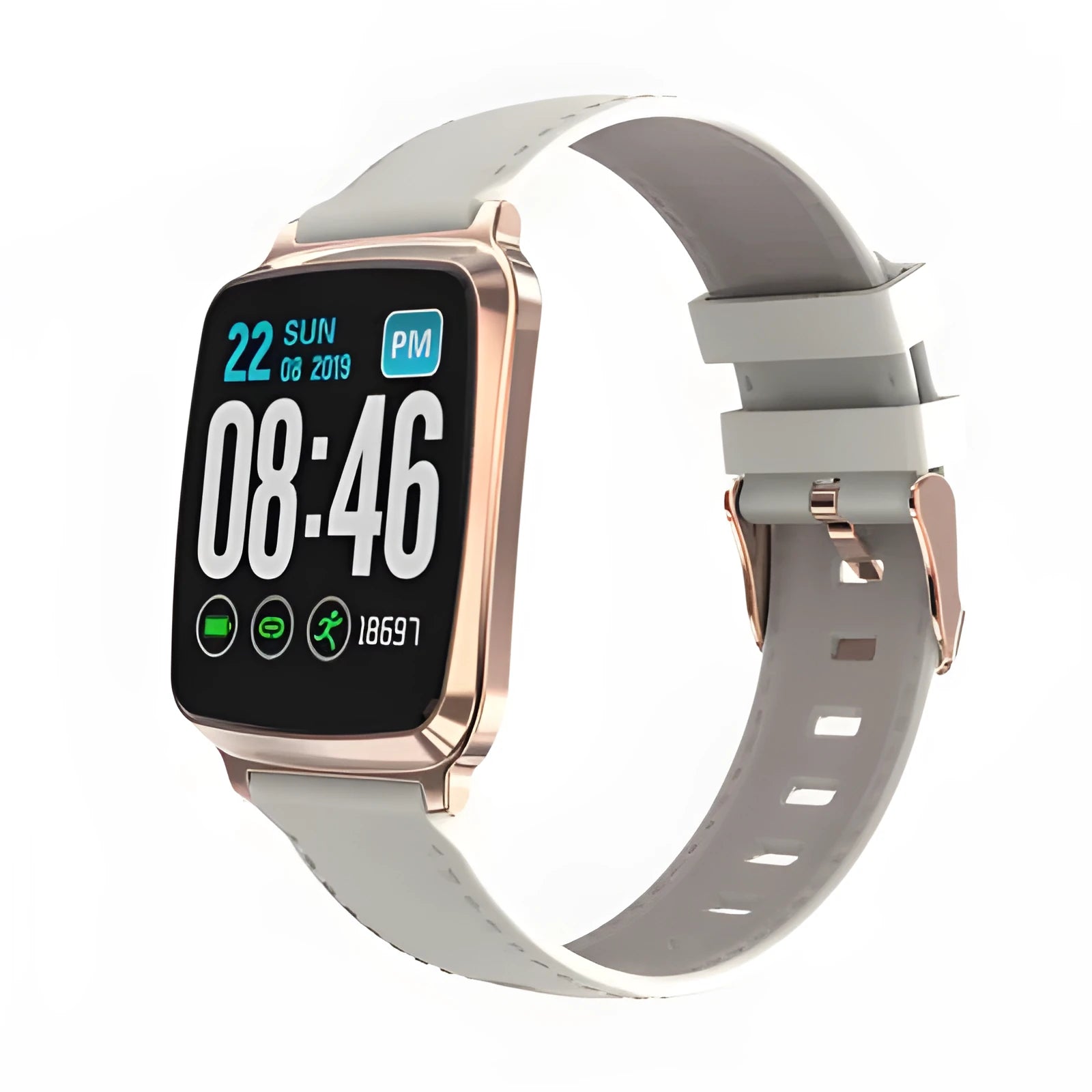 M8 Smart Fitness Bracelet in black on a wrist, showing real-time heart rate data on its round full-touch screen.