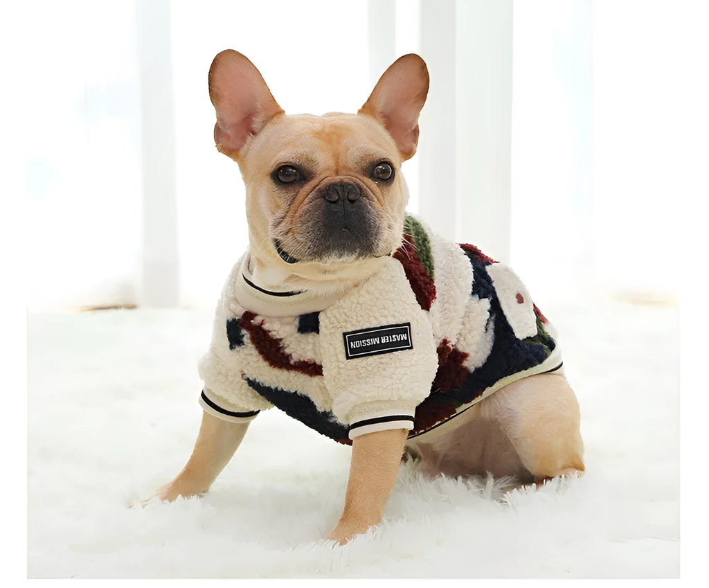 Dog hooded coat in camouflage colour, two-legged jacket style on a dog, with hood up, outdoor setting