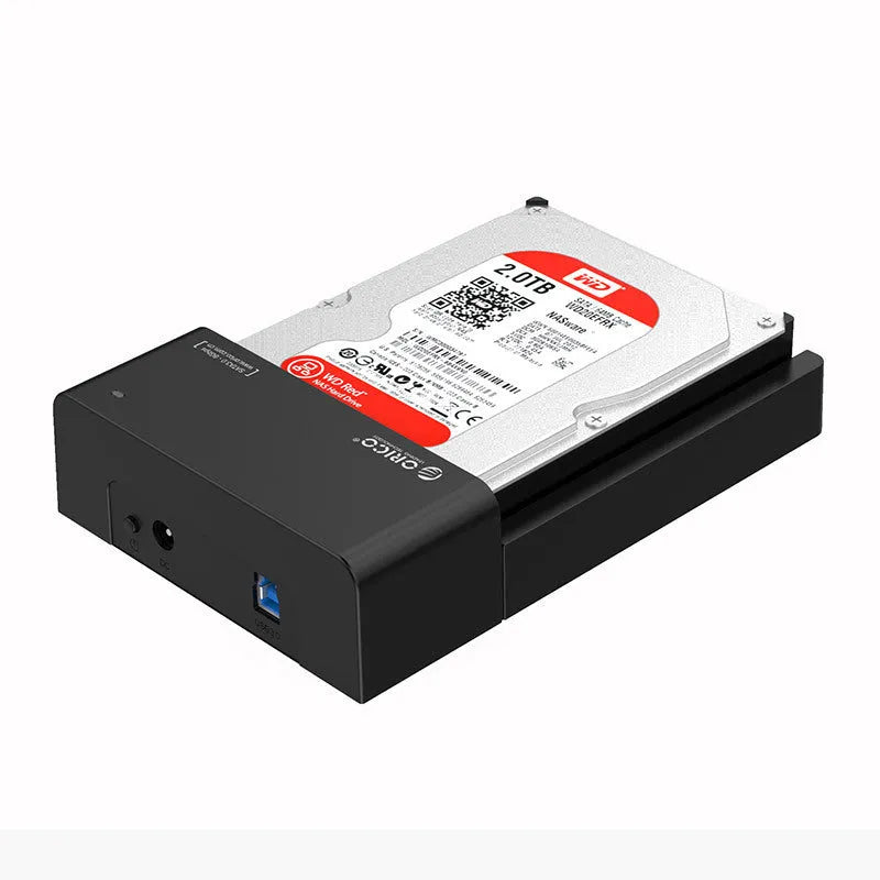Black ABS plastic hard drive enclosure for 2.5 and 3.5 inch SATA drives with data cable