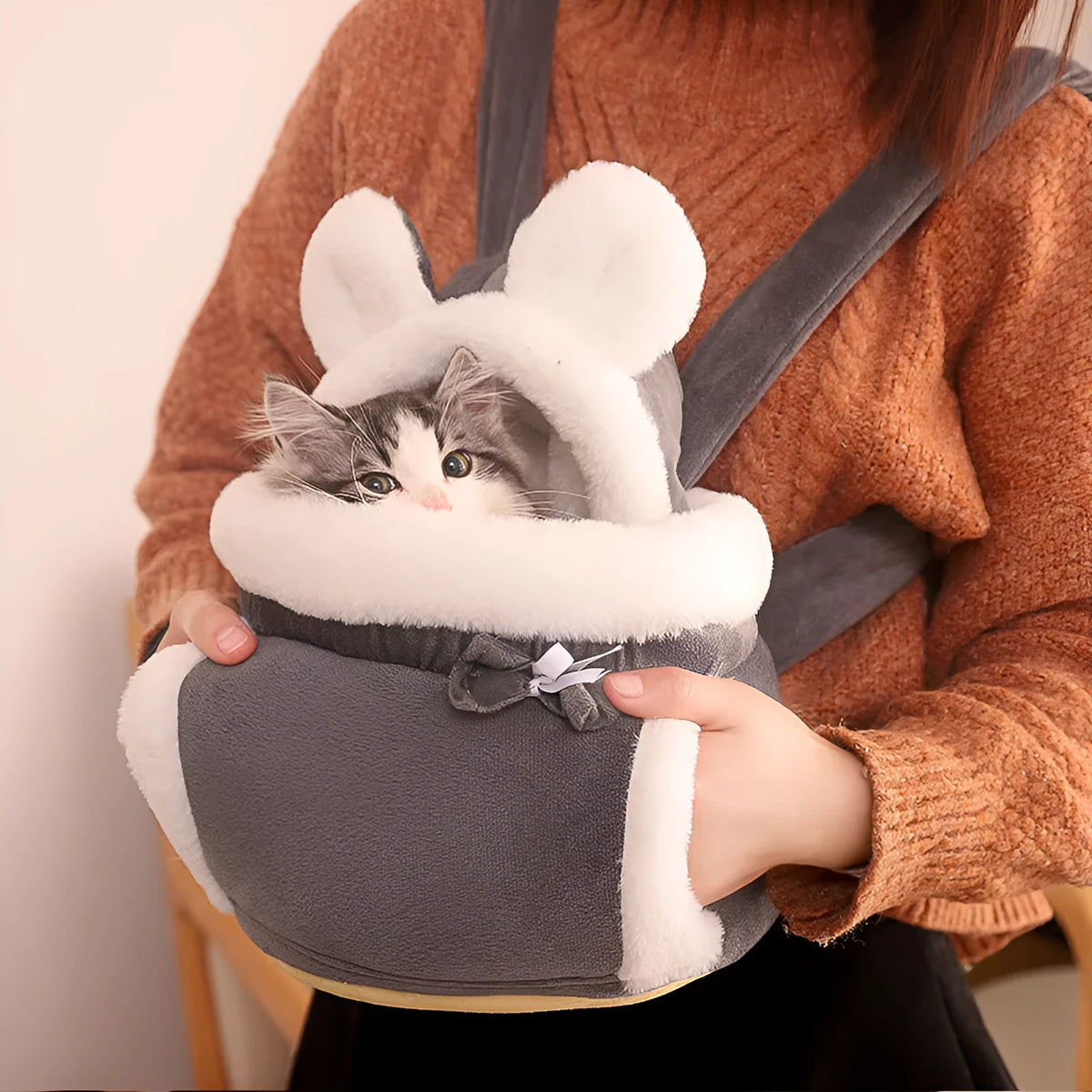 Plush velvet cat carrier backpack, Japanese Korean style, grey pink light grey or coffee, M or L size
