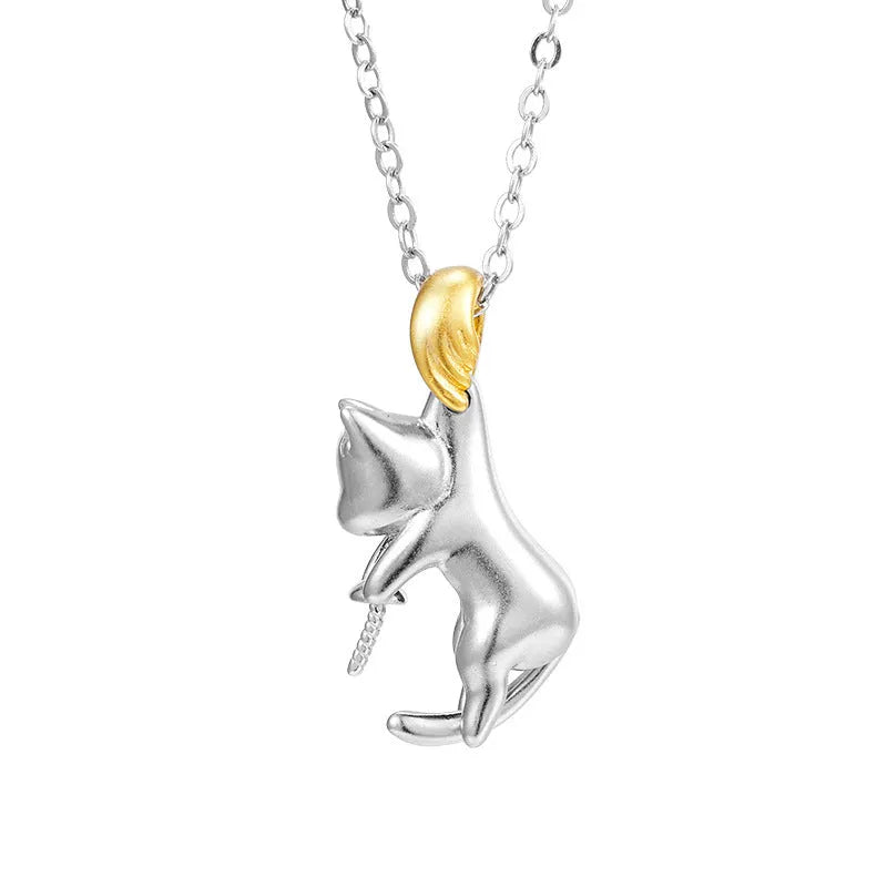 925 sterling silver clavicle necklace with electroplated cat charm in four configuration variations