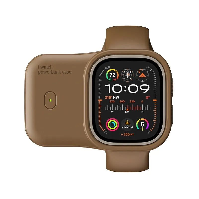 Apple Watch portable charging case with silicone sleeve, shown alongside compatible watch.