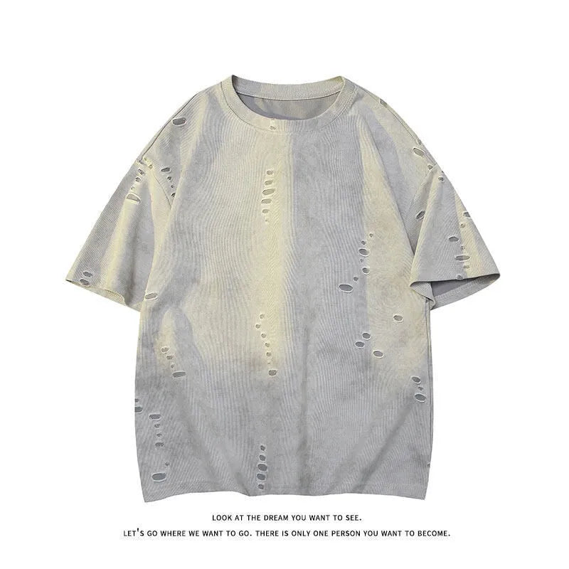 Grey men's loose ripped short sleeve cotton blend t-shirt on a hanger.