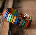 Hand-woven leather bracelet with coloured agate stone, adjustable 17cm, ethnic geometric style