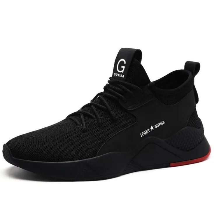 Steel toe work safety shoes with puncture proof mid-sole, mesh upper and rubber outsole in Black or Black red