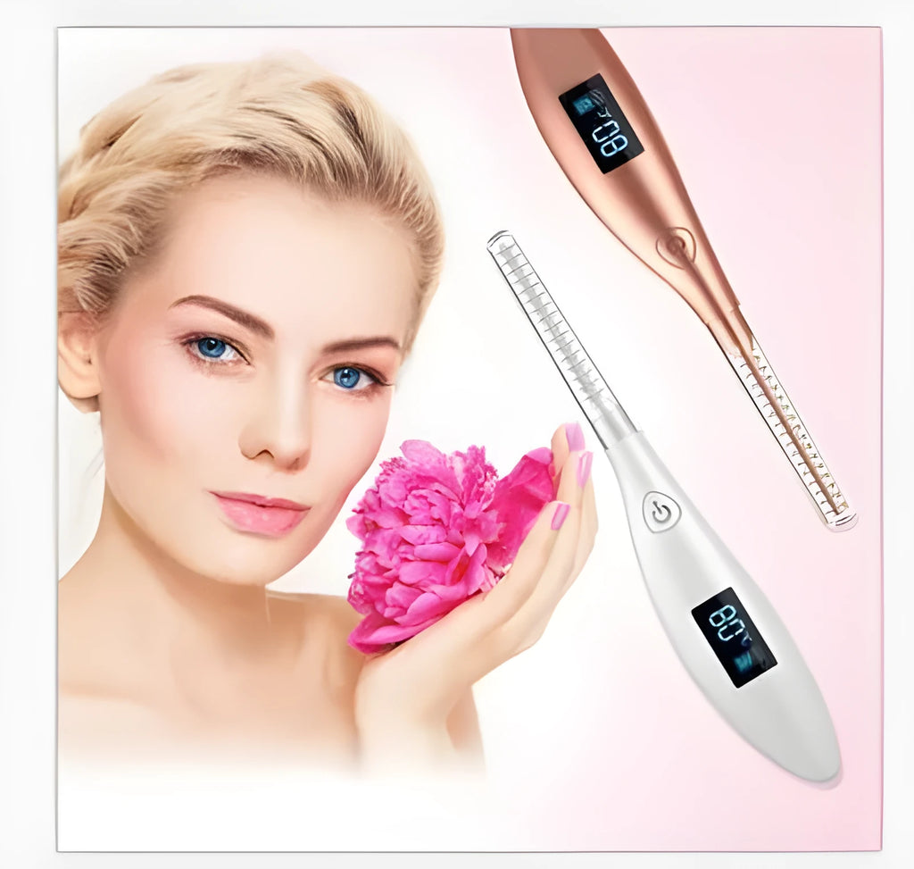 USB rechargeable electric eyelash curler with ceramic 80°C heating and curved brush head in black