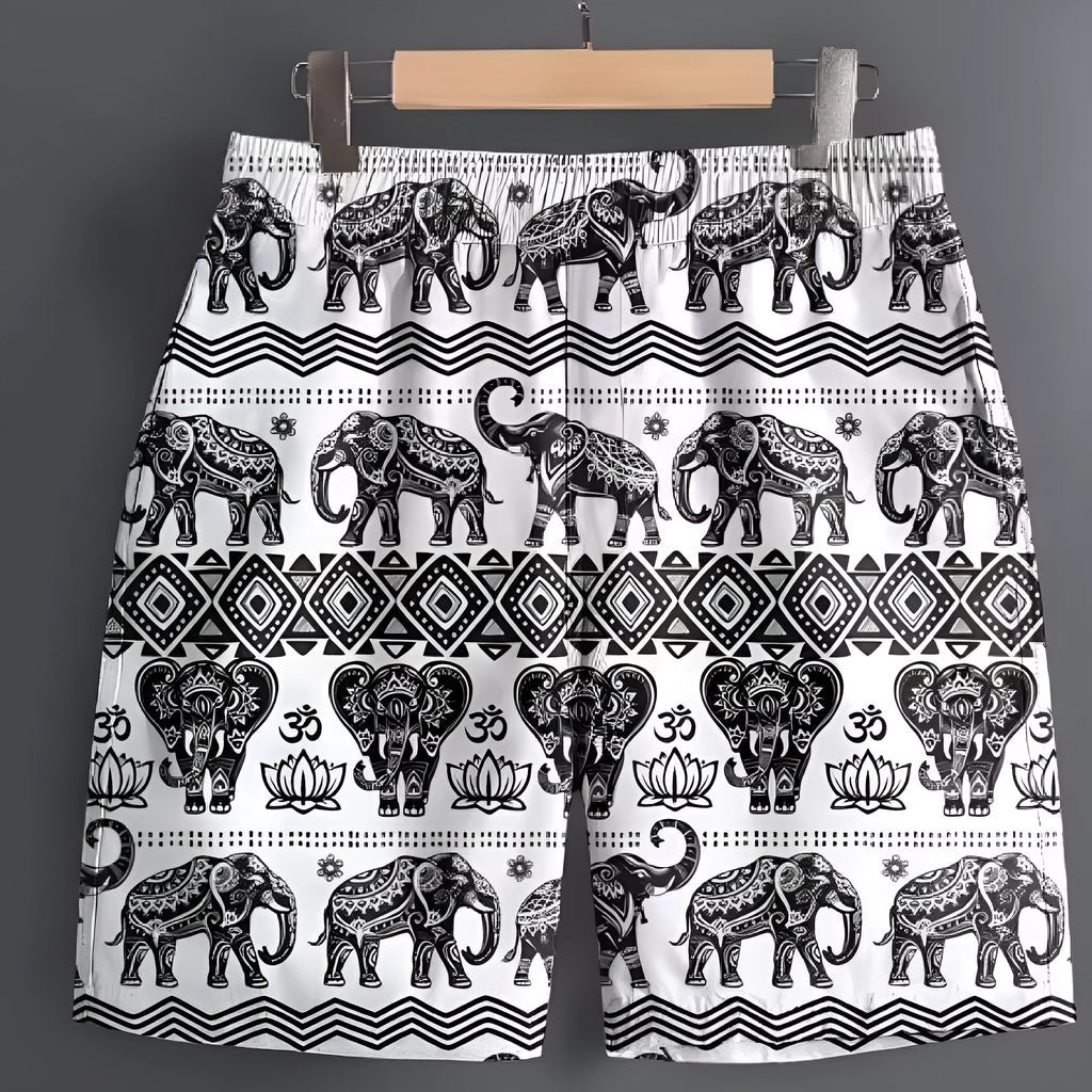 Men's polyester sports shorts showing multiple pattern options including stripes, plaids and camouflage designs