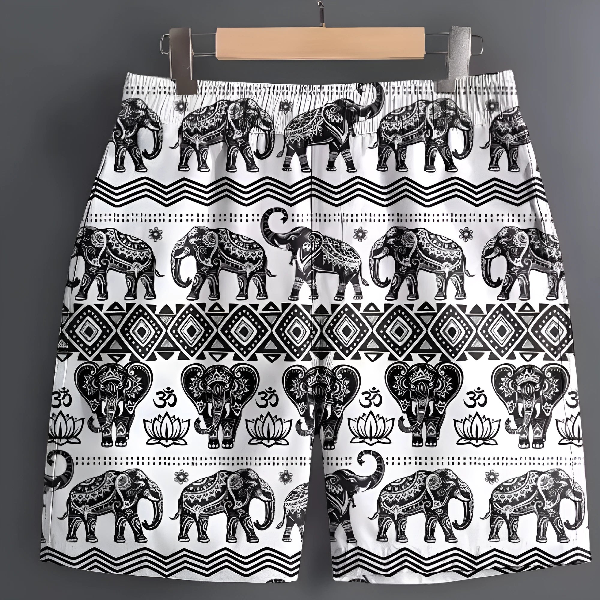 Men's polyester sports shorts showing multiple pattern options including stripes, plaids and camouflage designs