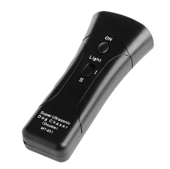 Black ABS ultrasonic dog repeller and training flashlight, 14cm x 6cm x 3cm, 130dB, 20m range