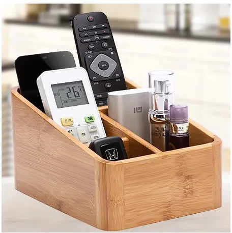 Multi-purpose bamboo desktop storage box with smooth surface and clear grain, available in colour A