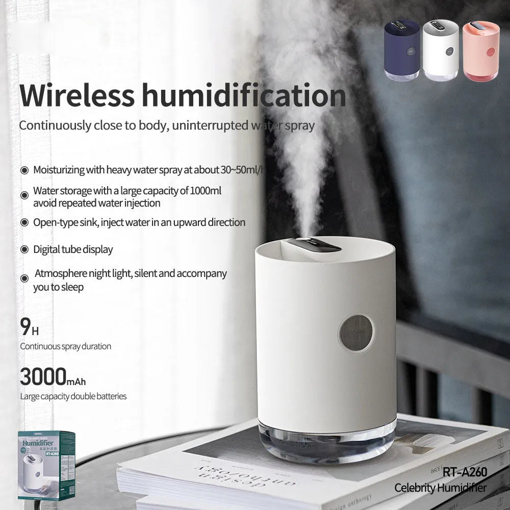 Wireless USB humidifier in white with water tank for small rooms under 10 square metres