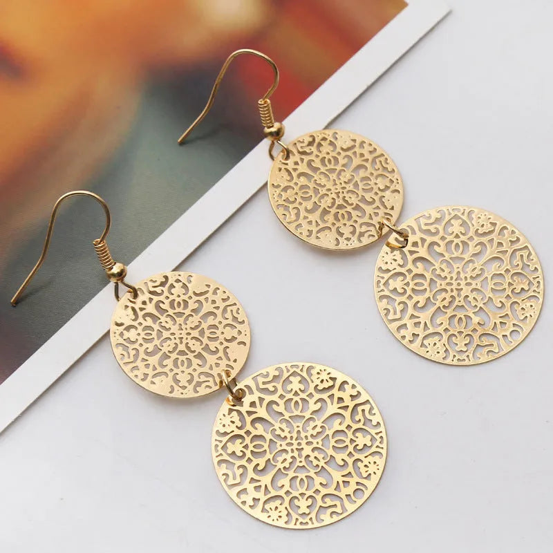 Women's round hollow gold dangle drop earrings in zinc alloy, 4.5 by 8 centimetre size