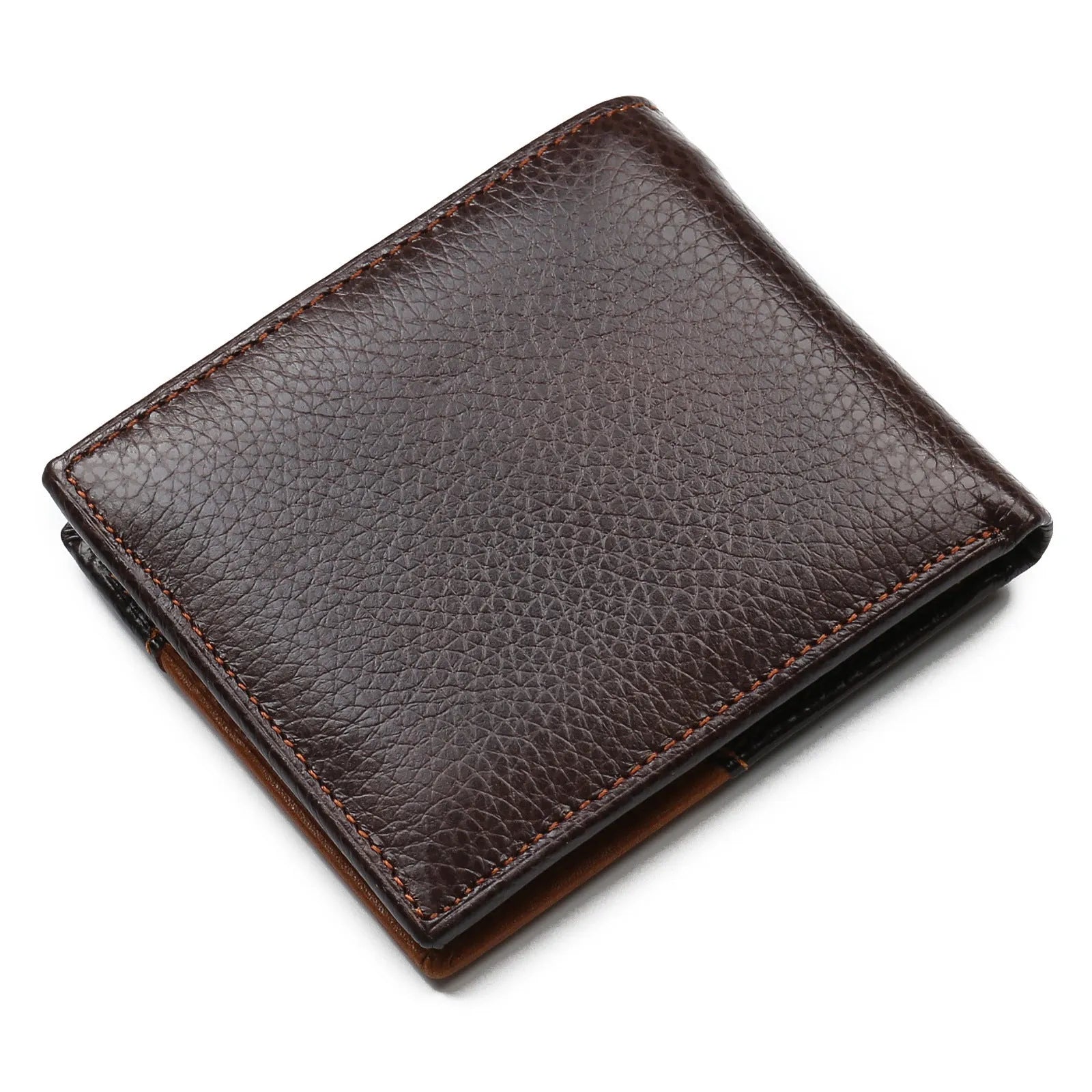 Men's brown tri-fold leather wallet open, showing card slots, zippered coin pocket, and saddle stitching detail.
