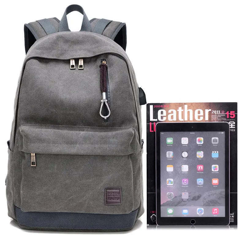 Canvas USB rechargeable backpack in khaki colour showing laptop pocket and shoulder straps