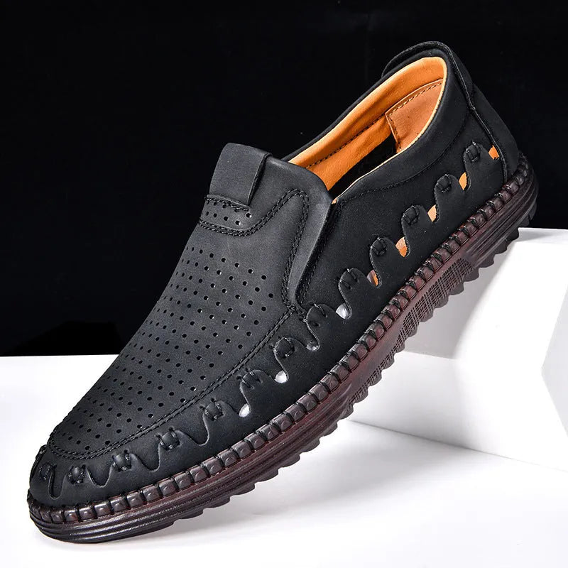 Men's brown casual slip-on shoes with round toe and flat heel design