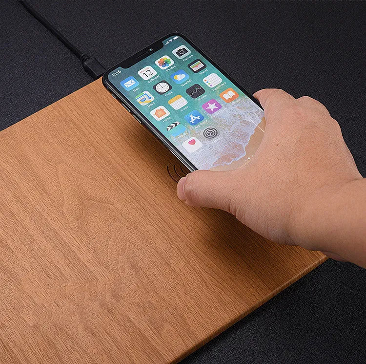 5W wooden wireless charger with ABS and PU leather surface, Qi 1.1 compliant, black finish