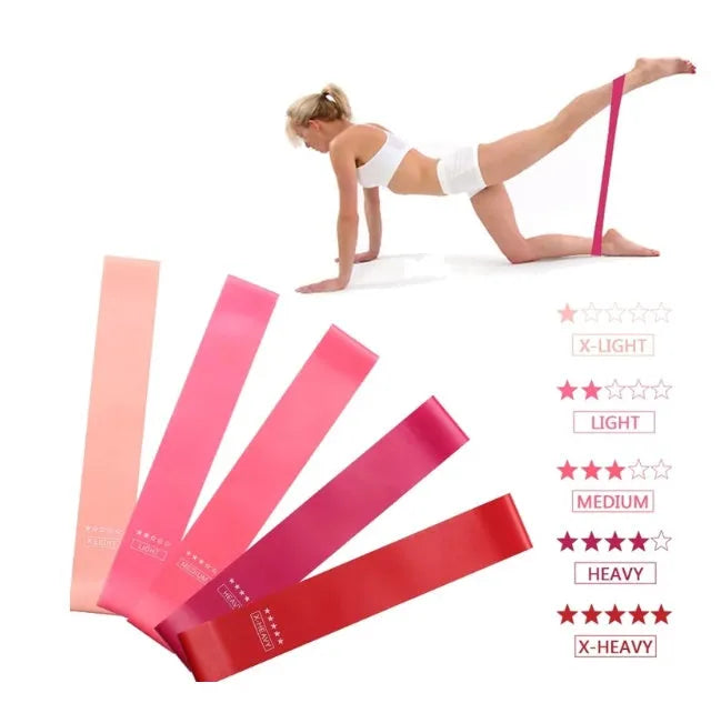 Five pink gradient latex yoga tension bands laid flat showing increasing resistance levels from light pink to rose red