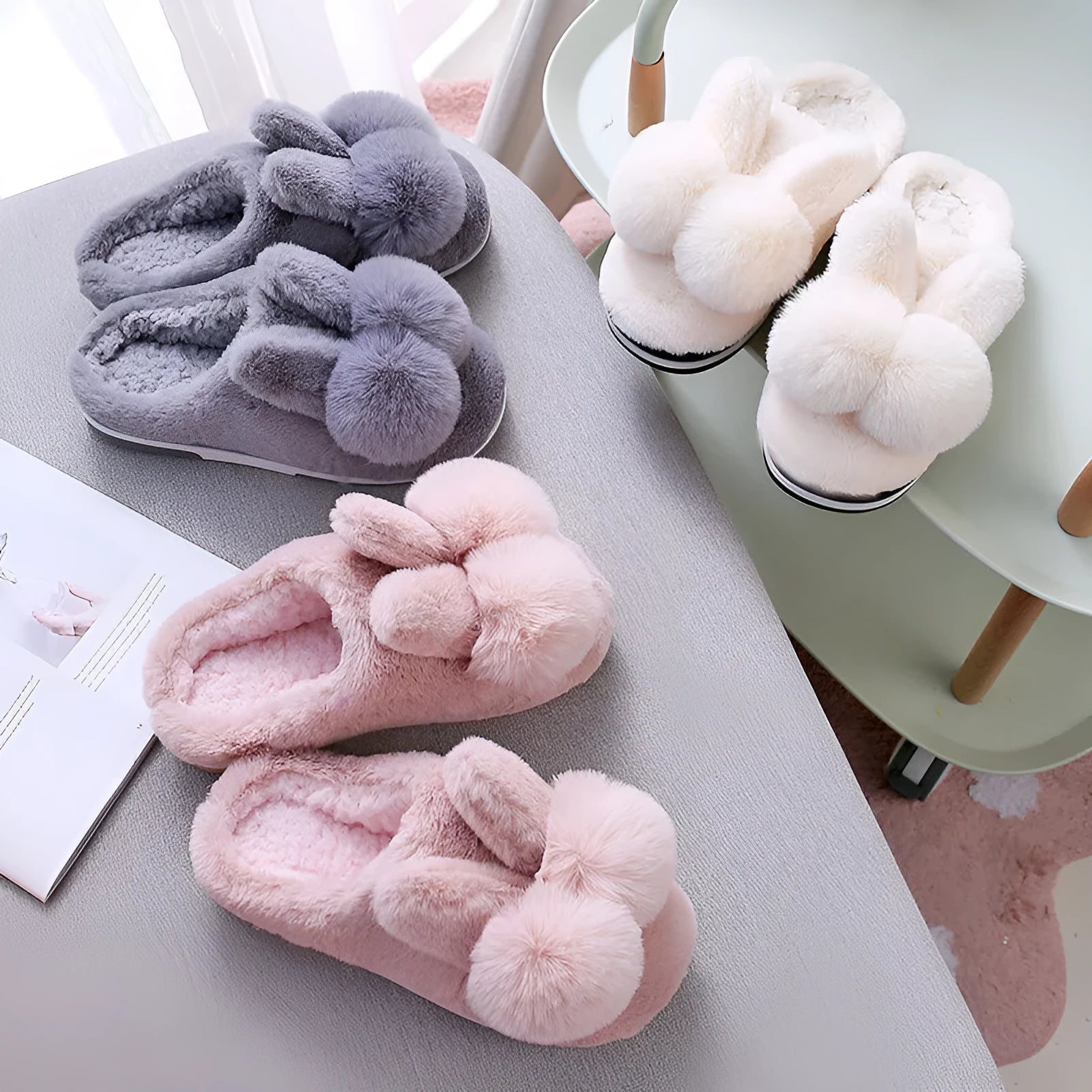 Women's high-top rabbit fur slipper in creamy white with floral detail and low heel.