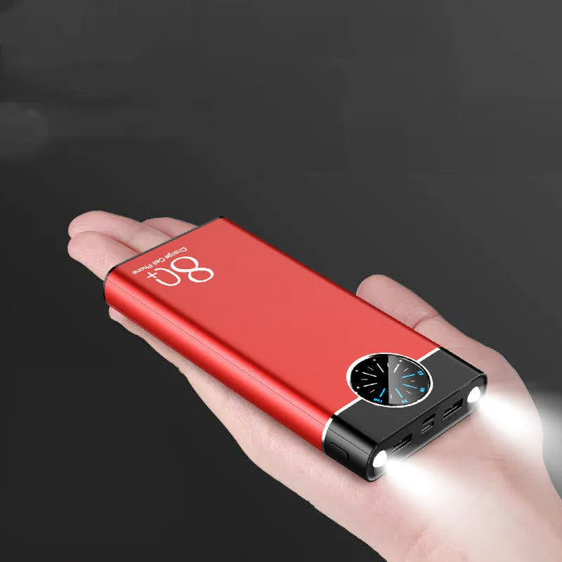 Black fast charging power bank with alloy shell showing LED light and charging ports