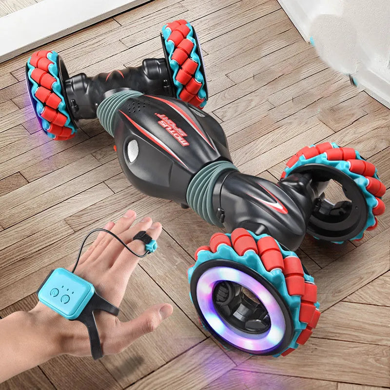 Remote control toy car with Steel Flying Dragon design, gesture sensing, deformation, and colourful hollow off-road wheels in black