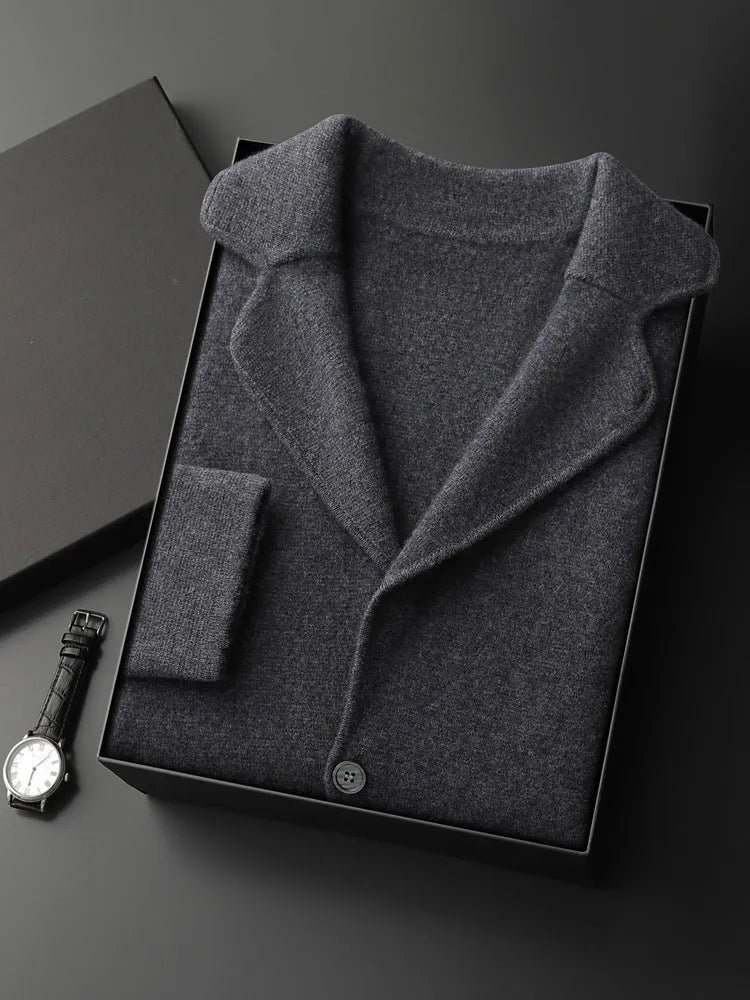 Lapel men's solid colour cashmere cardigan sweater with a loose fit and thickening knit.