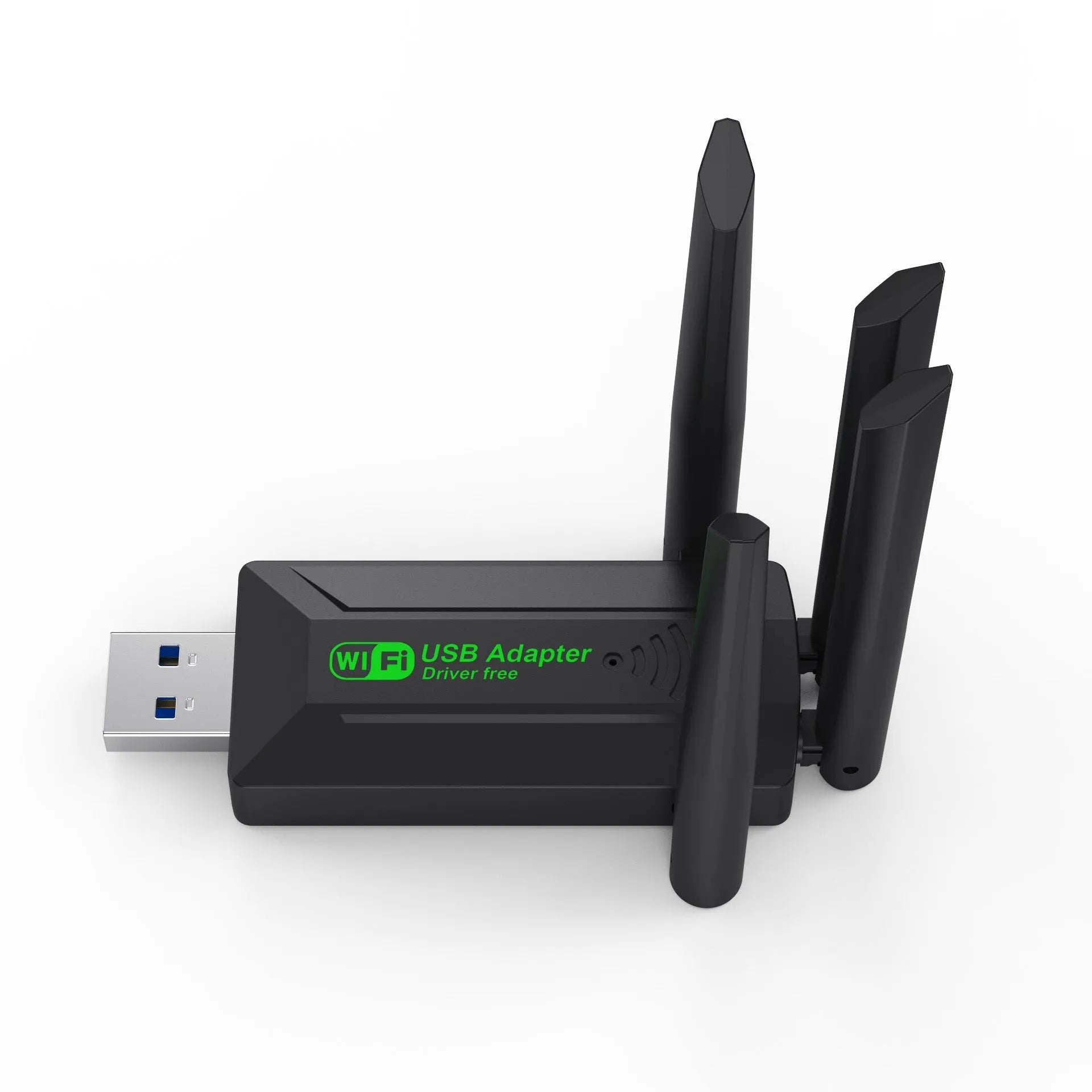 Black USB network transmitter with four extended antennas for wireless computer connectivity
