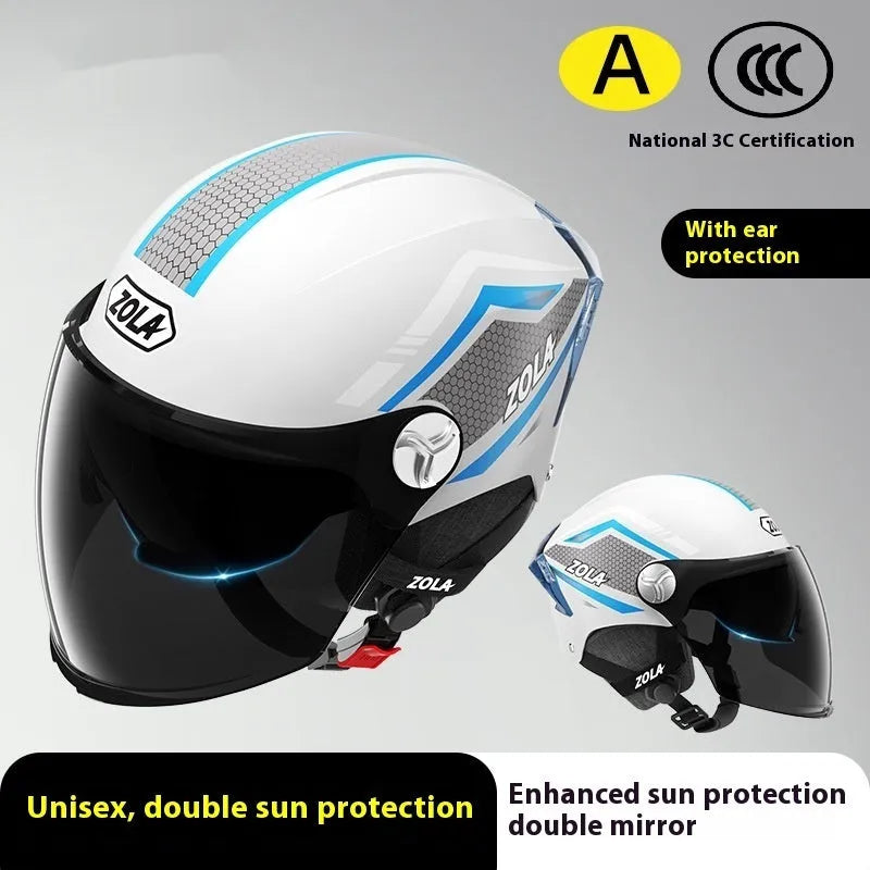 Child's light brown half helmet with double mirrored visor for battery scooter riding.