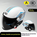 Child's light brown half helmet with double mirrored visor for battery scooter riding.