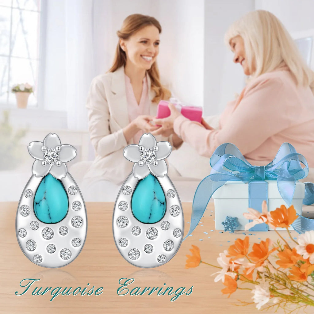 Turquoise cherry blossom 925 sterling silver stud earrings with cubic zirconia, white gold plated