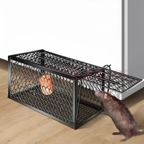 Automatic mouse trap cage and metal clamp rat trap shown in small, medium, and large size options.