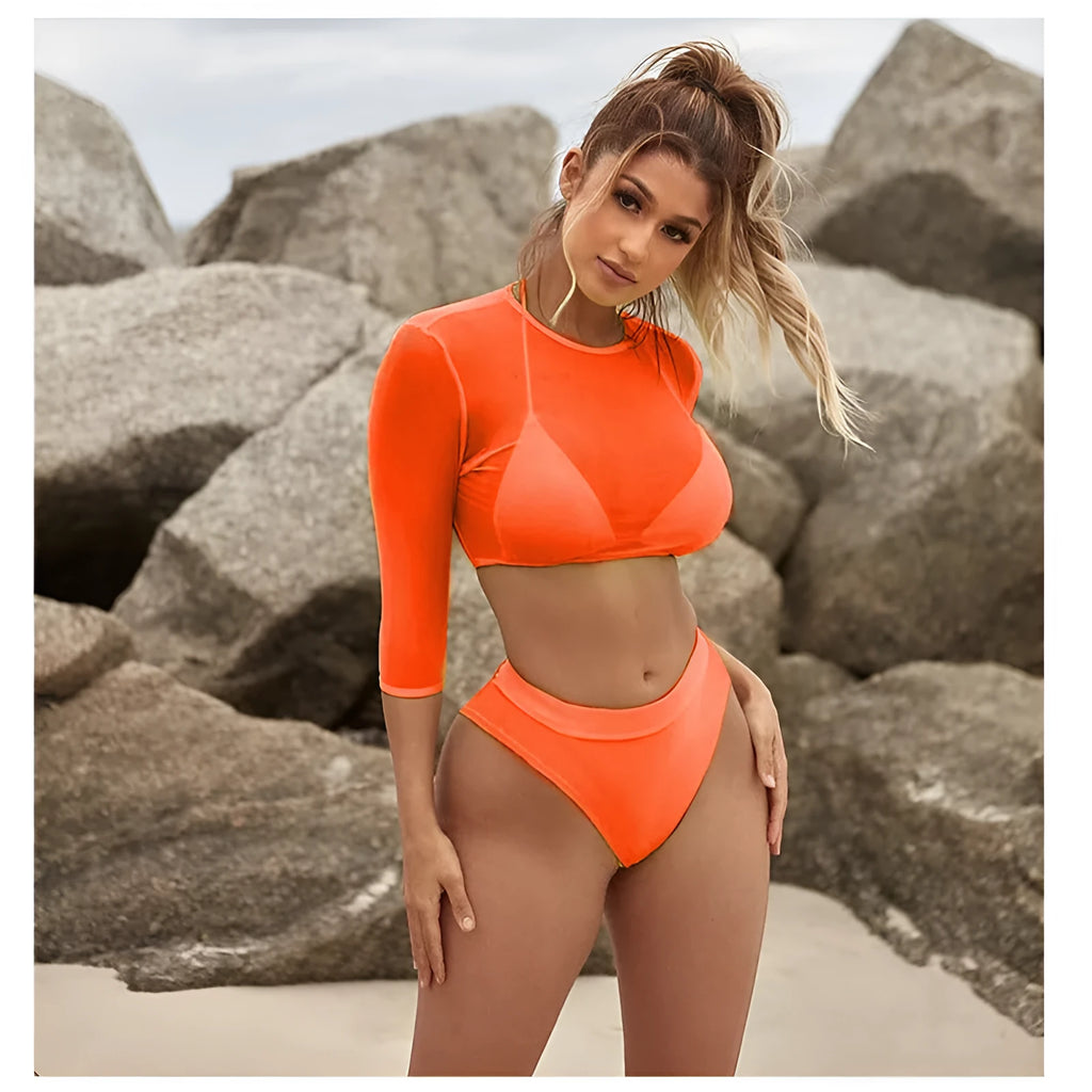 Mesh three-piece bikini split swimsuit high waist nylon women in green