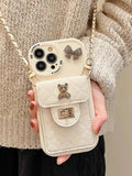 Silicone all-inclusive phone case with metal bow bear rhombus design, card holder, and black lanyard for Apple iPhone models