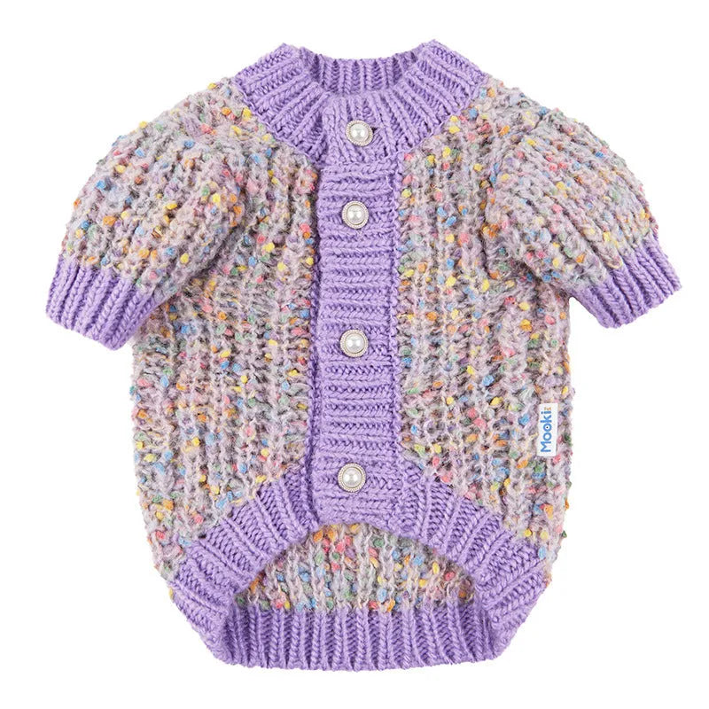 Purple dog sweater cardigan on pet hanger showing casual style and polyester fabric