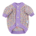 Purple dog sweater cardigan on pet hanger showing casual style and polyester fabric