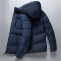 Men's thickened polyester hooded zip-up jacket in grey, black, or dark blue with full-zip front, sizes M to 4XL