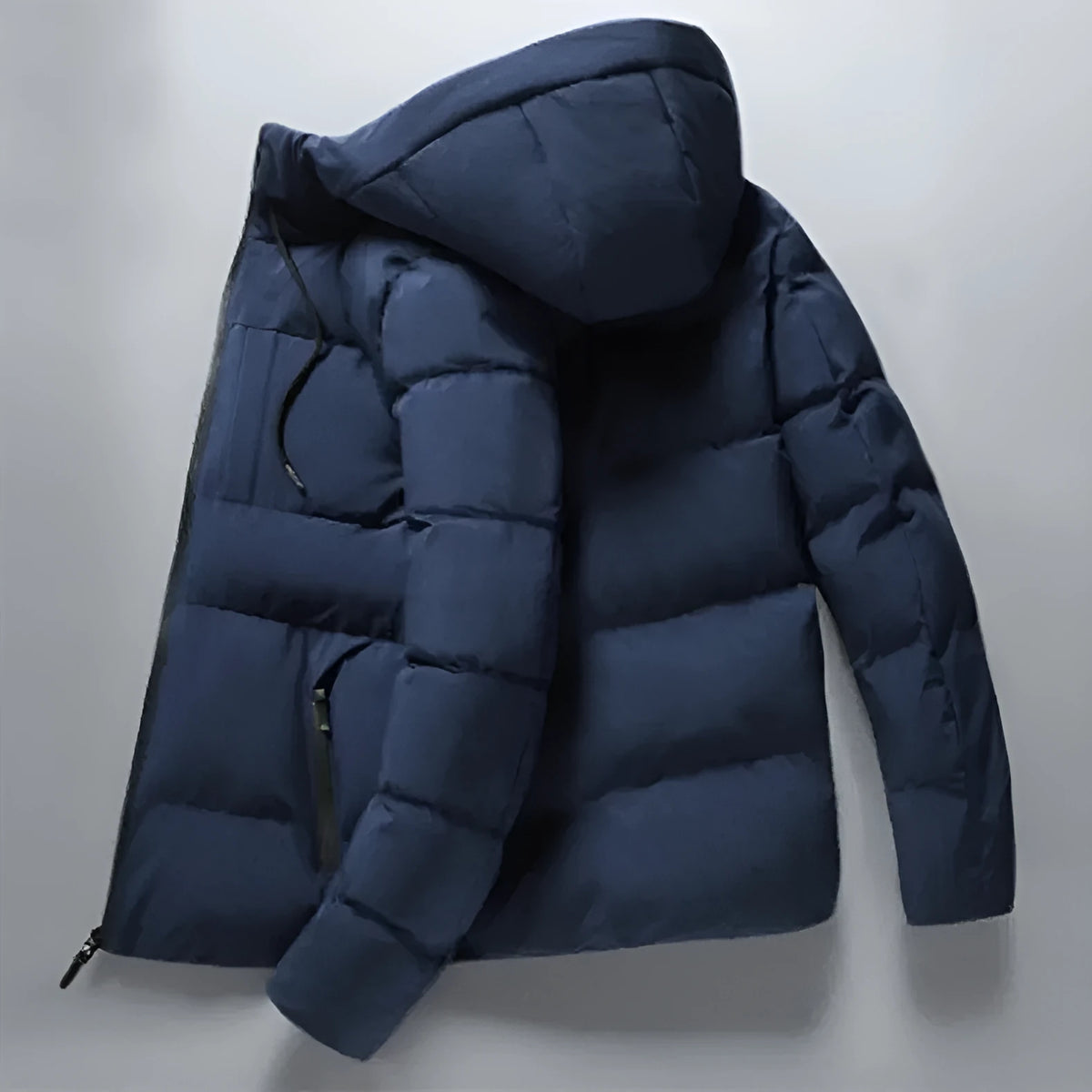 Men's thickened polyester hooded zip-up jacket in grey, black, or dark blue with full-zip front, sizes M to 4XL