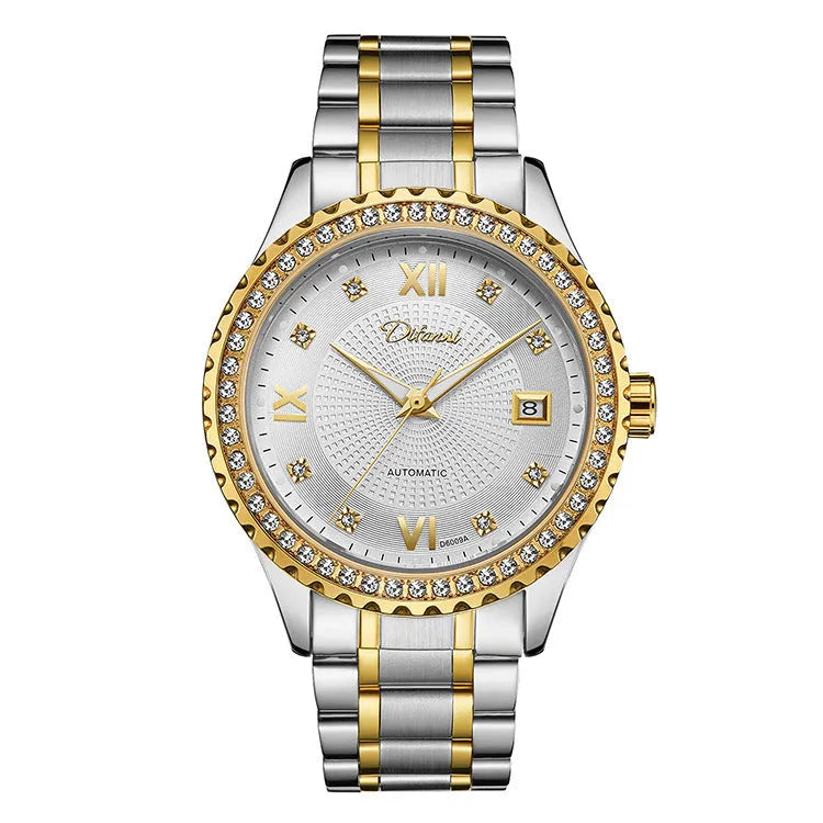Fashionmonger men's gold and silver automatic watch with luminous hands on black and white dials.